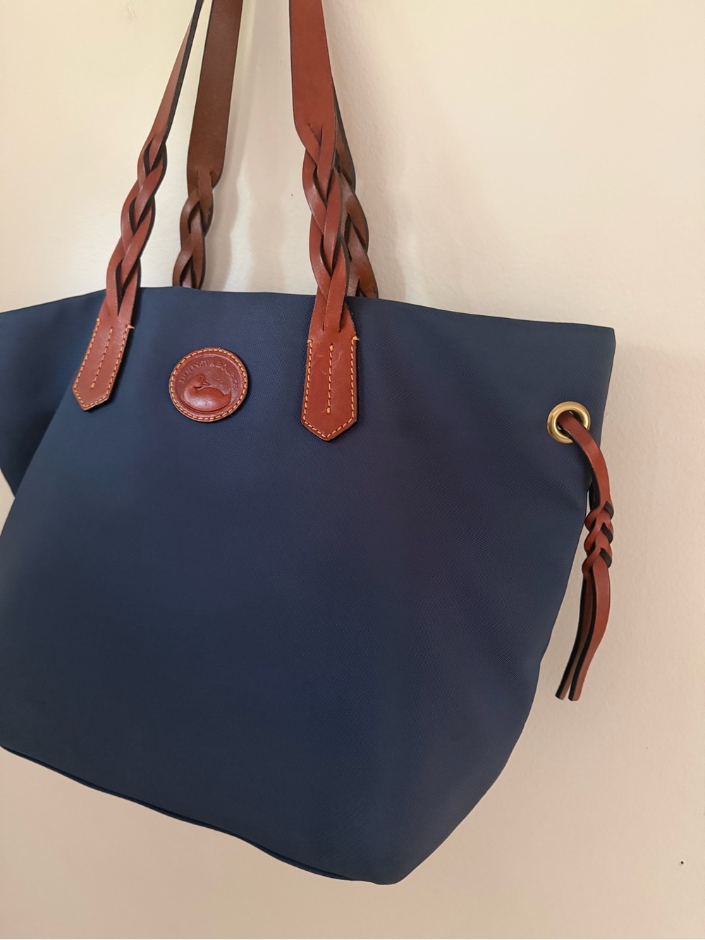 Dooney & Bourke Nylon Shopper Tote Navy Vacchetta Leather Braided Shoulder Bag - Picture 4 of 11